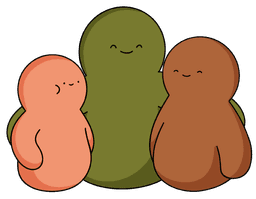 Three plush characters with smiling faces, in peach, green and brown.
