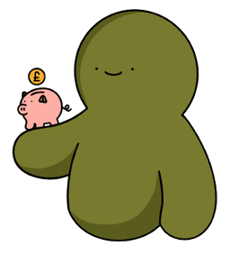A green plush character holding a piggy bank with a coin on top.