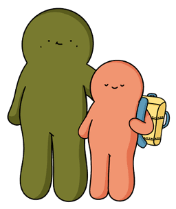 A green and a pink plush character standing side by side with a backpack and water bottle.