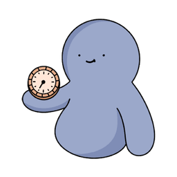 A blue plush character holding a small clock with a smiling face.