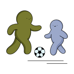 A green and a blue plush character playing with a football.